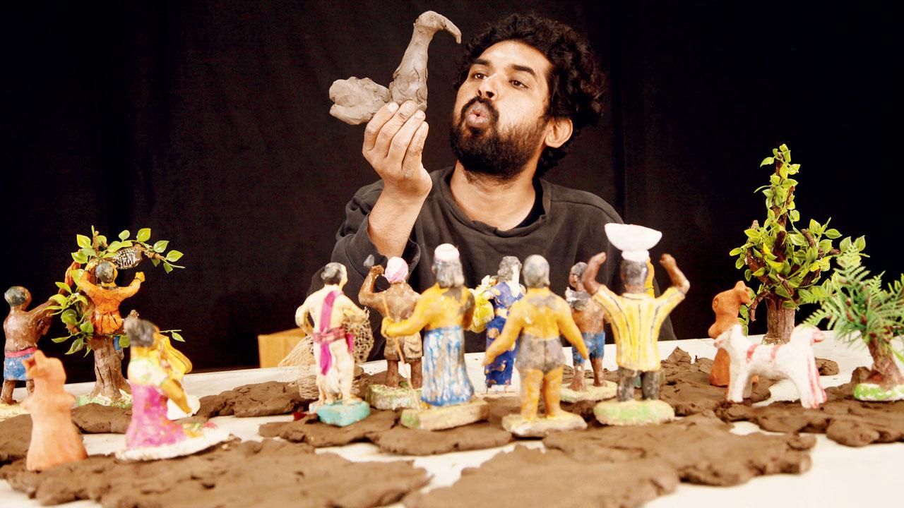 Mohammad Shameem performs; (left) Choiti Ghosh with the traditional dolls