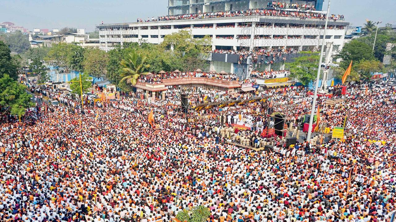 Maratha community members at Chhatrapati Shivaji Maharaj Chowk in Vashi on Saturday. Pic/PTI