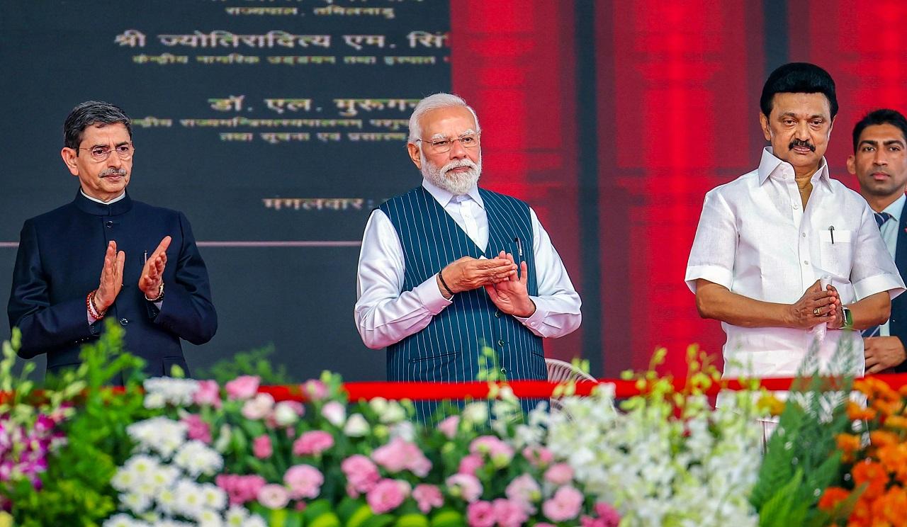 After holding a convocation event at the Bharathidasan University, PM Modi was felicitated by Civil Aviation Minister Jyotiraditya Scindia and Tamil Nadu Chief Minister MK Stalin at the public programme in the city