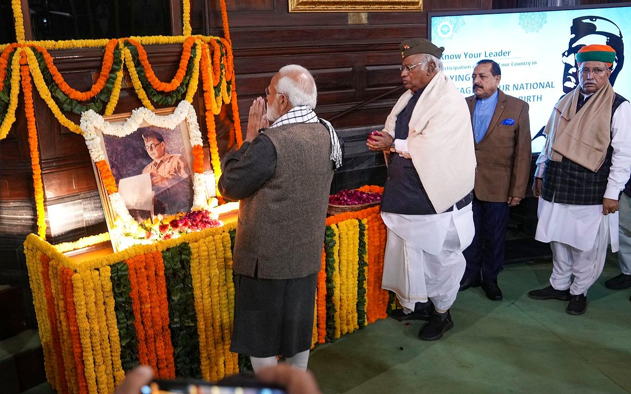 PM Modi paid floral tribute to the freedom fighter at Samvidhan Sadan (Old Parliament Building)