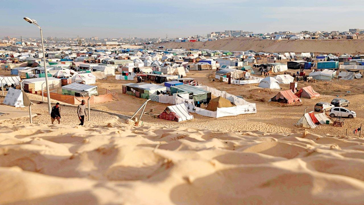 A makeshift tent camp housing displaced Palestinians in Rafah. Pics/AP 