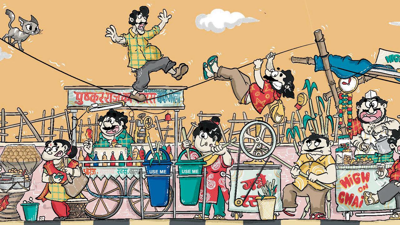 The Story of Nagar by Nayana Kathpalia and Meher Rafaat explores how pedestrians take the high road due to hawkers seizing the footpaths 