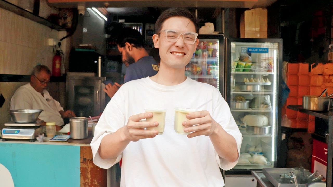 Shishido orders chaas and lassi at the dairy