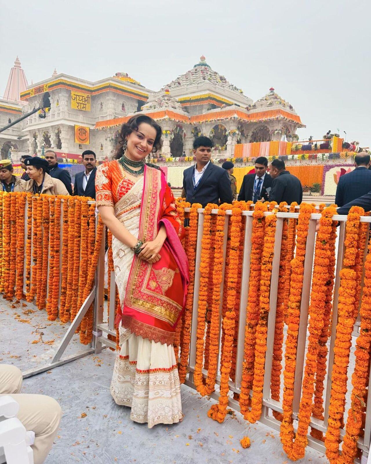 Kangana Ranaut was among the first celebrities to arrive for the Pran Prathishtha ceremony at Ayodhya's Ram Mandir