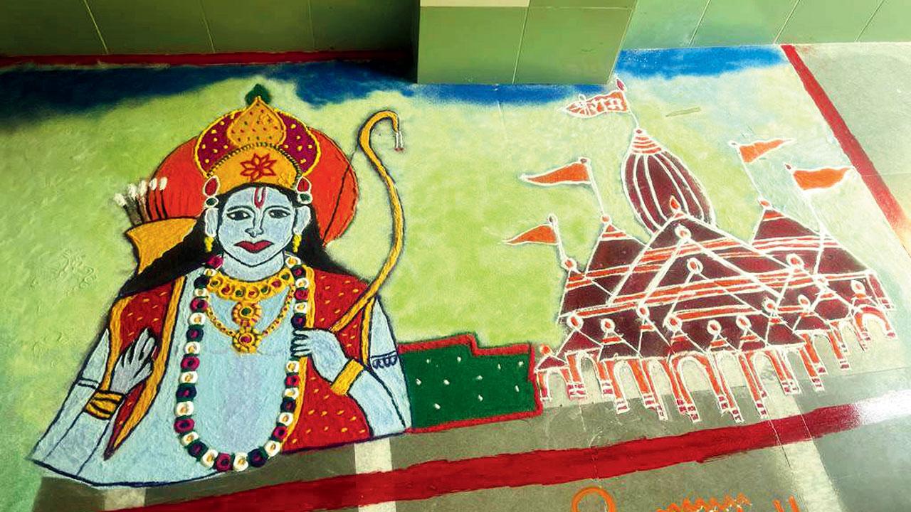 Rangolis of Ram Mandir and Lord Ram at PanchDham Co-operative Housing Society