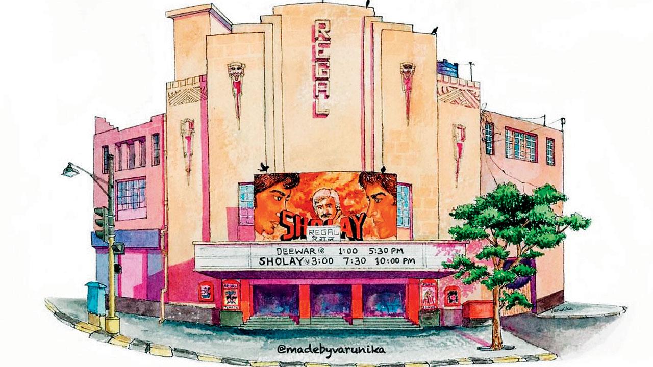 The illustration features purple shadows on the beige Regal Cinema building