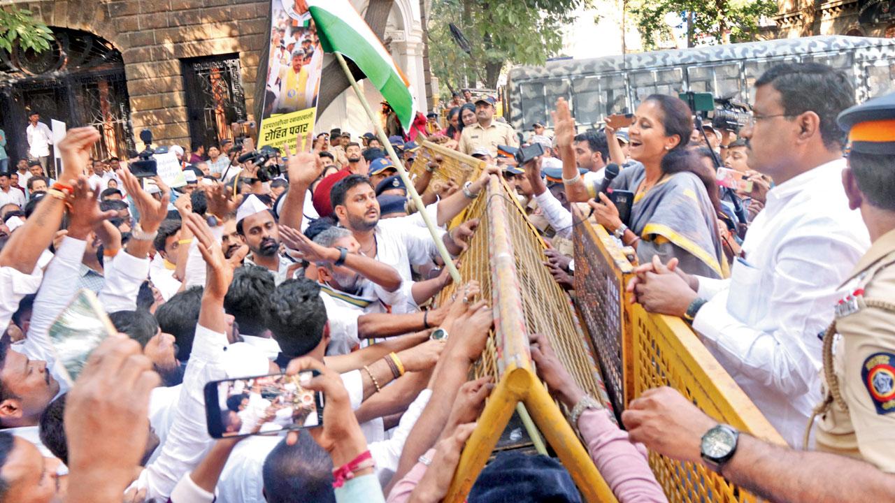 NCP workers protesting near ED office. Pic/Anurag Ahire