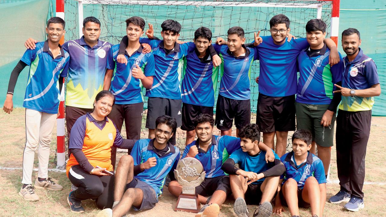 The Vasant Vihar High School & Jr College (Thane) boys U-16 handball team with the winner’s trophy at Azad Maidan on Saturday