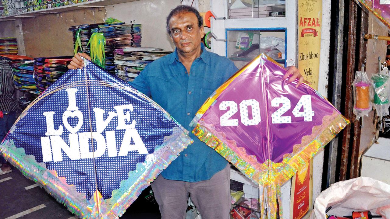The plastic kites with themes like I love India and 2024 are getting a good response as they are one of the easier kites to fly and are budget friendly