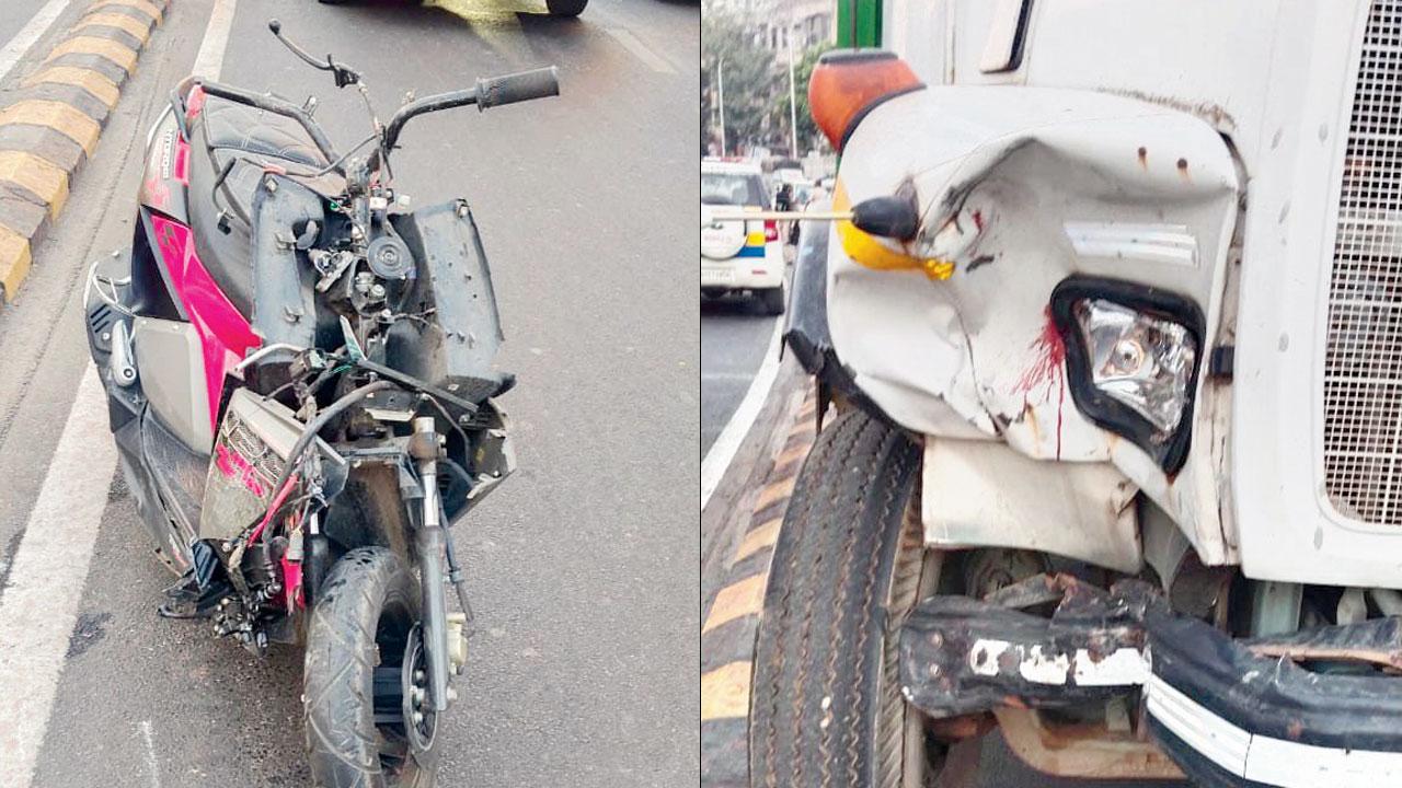 The scooter the trio was riding; the truck that Tanishq rammed after losing control of the scooter