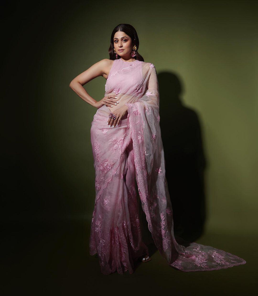 Wearing a stunning lilac see-through saree, the intricate embroidery on her six yards elevates the look