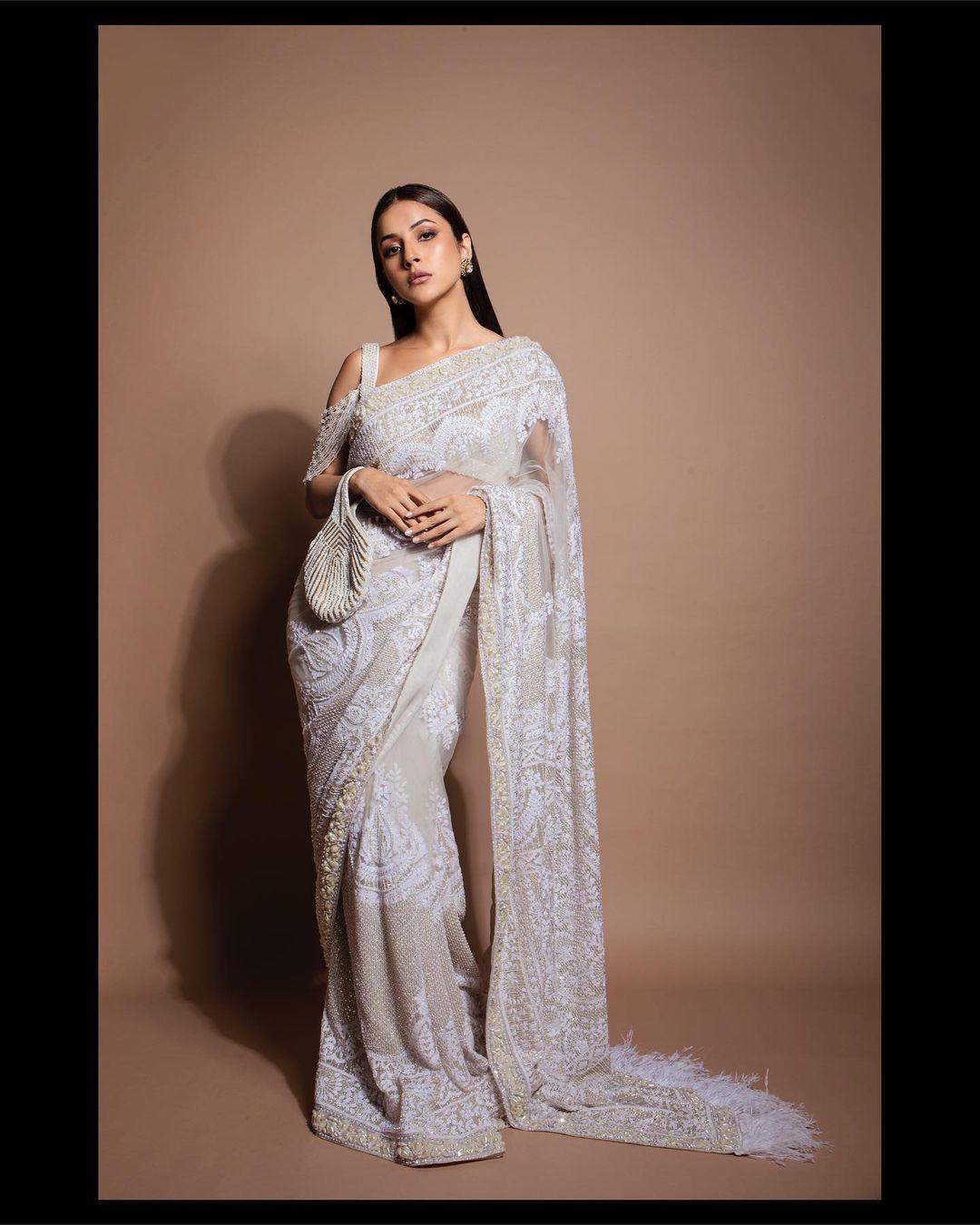 Shehnaaz Gill effortlessly exudes traditional charm in a stunning white see-through saree adorned with intricate designs and pearls.  Shehnaaz opts for simplicity with small earrings and a matching purse, stealing the show with her adorable look