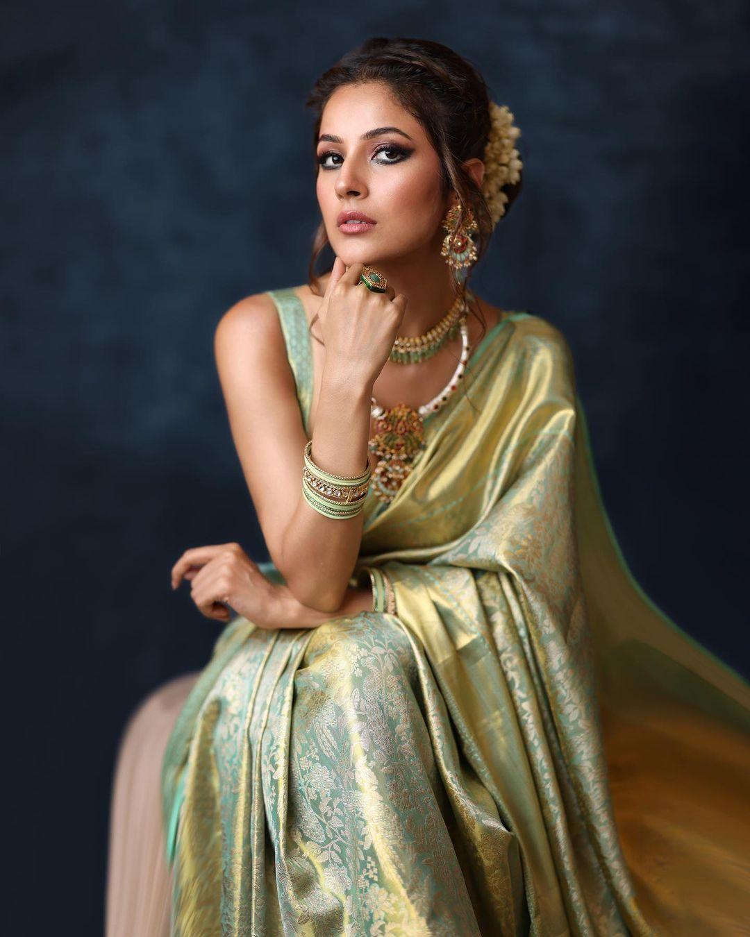 The smokey eyes and nude makeup add a touch of glamour, while the stylish bun adorned with a heavy mogra gajra completes the look. Shehnaaz effortlessly radiates elegance and sophistication in this ensemble