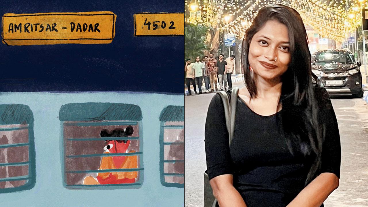 The artwork highlights a train from Amritsar to Dadar