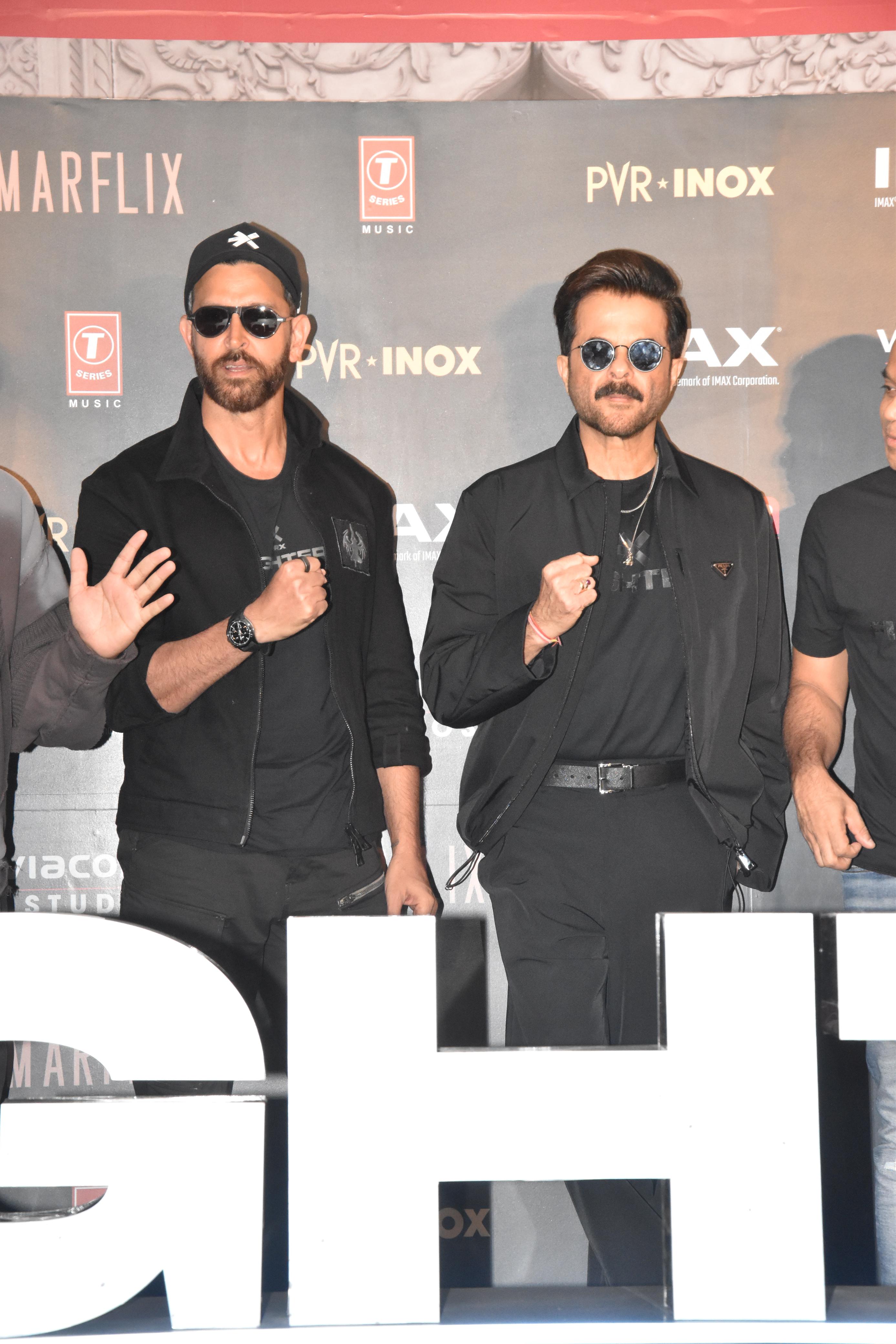Hrithik Roshan and Anil Kapoor posed together as they went to attend the trailer launch event of Fighter