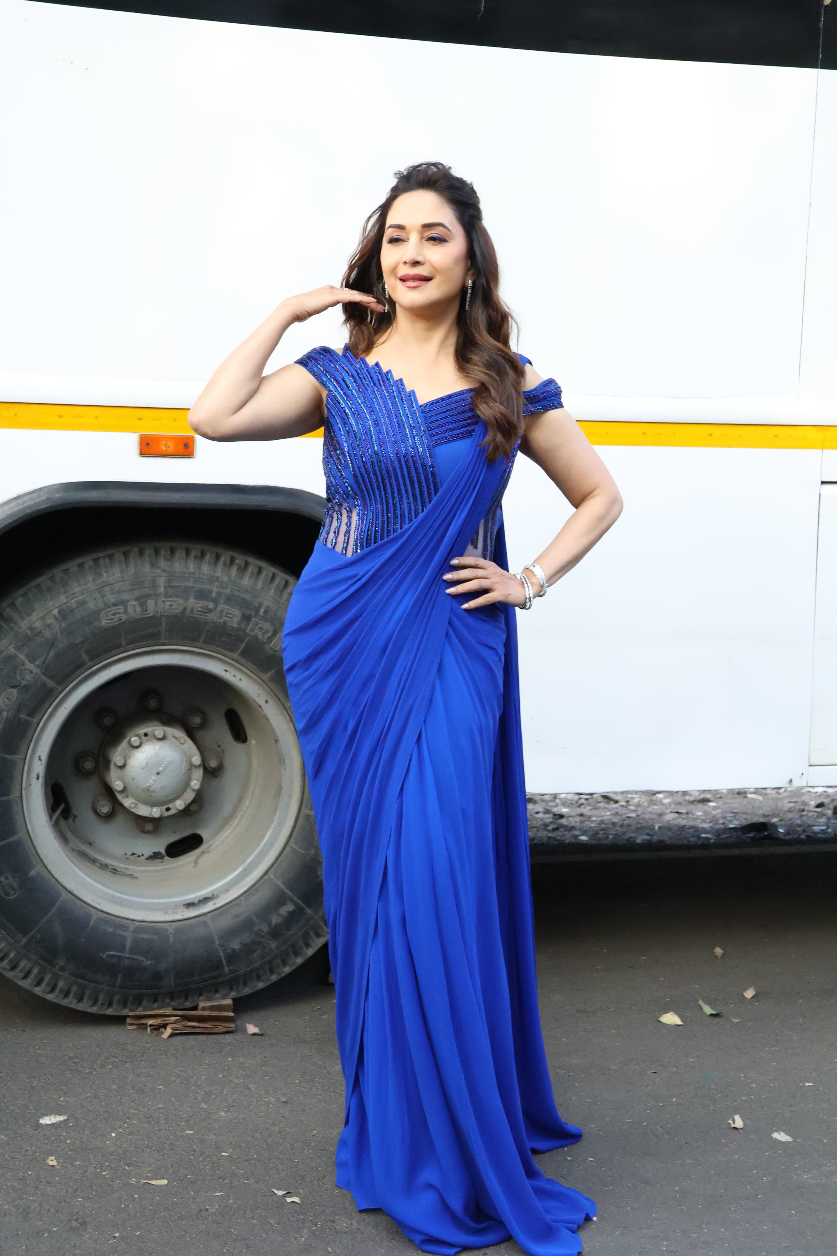 Madhuri Dixit looked gorgeous in a stunning blue saree as she was clicked in the city