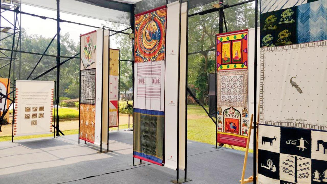 Panels showcasing weaving techniques inherent to Jharkhand by Johargram, the Almora pattern from the Kumaon region by Avani, and other artworks