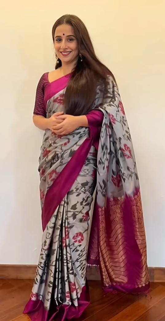 If English colors are more to your liking, we've got you covered with this stunning grey saree, a perfect mood lifter