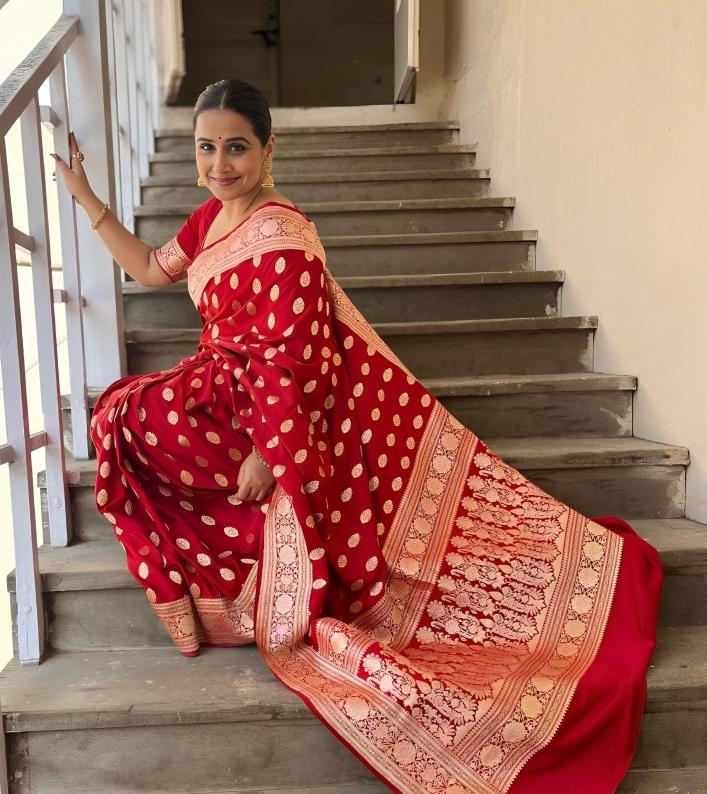 There's no second thought in draping a beautiful red six yards. The actress wore a red embroidered saree with a heavy border and added beautiful earrings to complete her look