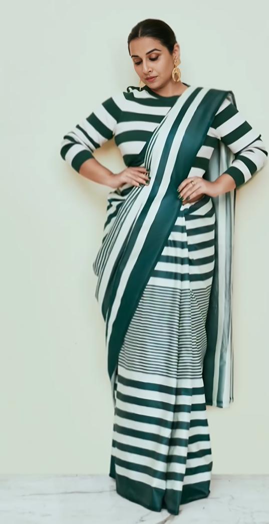 This wedding season, we've got you covered with Vidya Balan's unmatched saree fashion. In this look, the actress wore a green and white striped saree, giving off perfect 'Mehendi Function' vibes