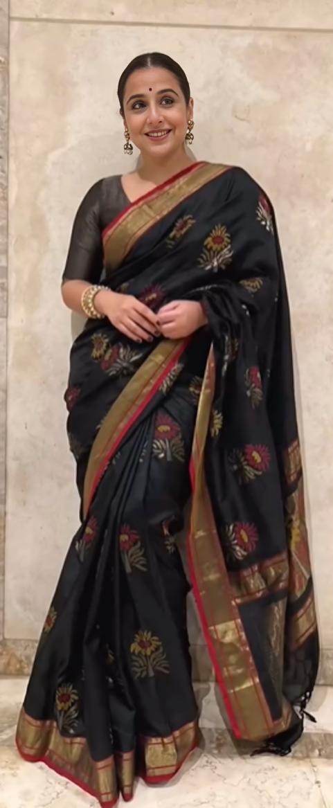 If you're confused about whether plain black is suitable for a wedding function, look no further because Vidya's Instagram is a diverse collection. Take a look at this printed black saree; we bet it's a perfect 10 out of 10
