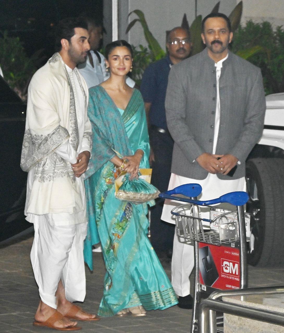Actress Alia Bhatt was spotted leaving for the 'Pran Pratishtha' ceremony of Ayodhya's Ram temple on Monday with husband Ranbir Kapoor and filmmaker Rohit Shetty.