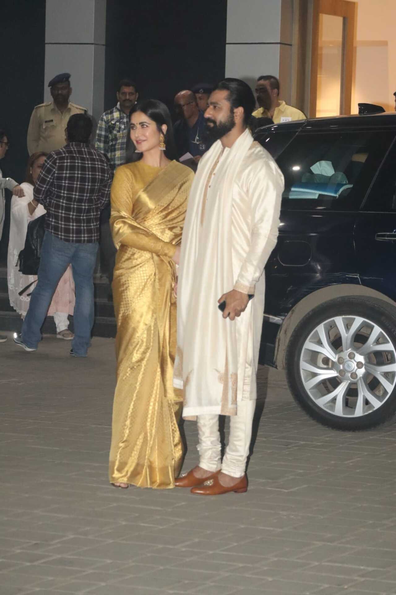 Bollywood couple Katrina Kaif and Vicky Kaushal also arrived at the airport on Monday. While Katrina Kaif looked gorgeous in a golden saree, Vicky looked smart in a shiny white kurta set. The Sam Bahadur actor also sported a long, thick beard which is his look for an upcoming film