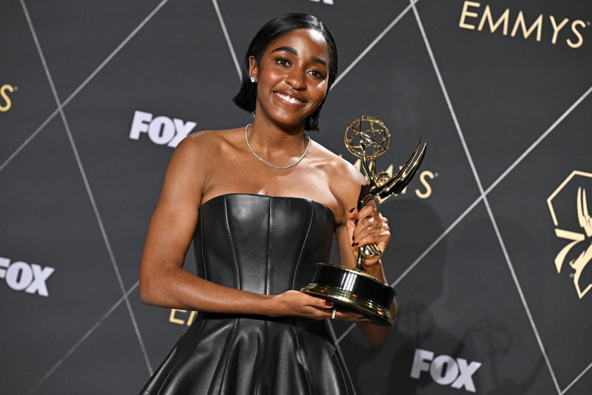 Ayo Edebri wore a faux leather Louis Vuitton dress at the Emmy Awards 2024. The dress looked flawless on on Ayo