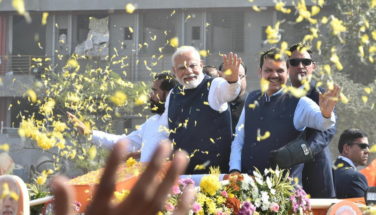 During his roadshow, which started from Hotel Mirchi Chowk, PM Modi was accompanied by Chief Minister Eknath Shinde, deputy CMs Devendra Fadnavis and Ajit Pawar and many BJP leaders
