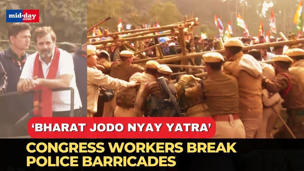 Bharat Jodo Nyay Yatra: Rahul Gandhi stands on bus while workers break barricade