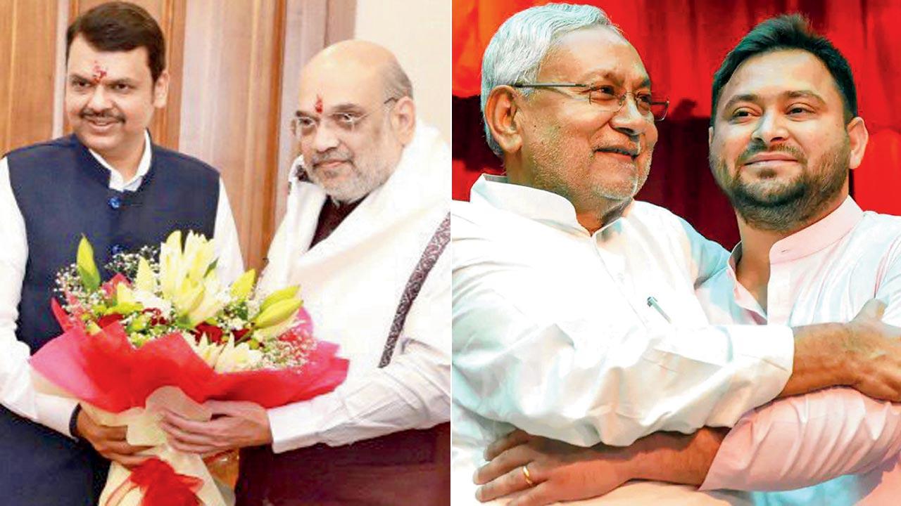 Amit Shah and Devendra Fadnavis in 2022. Pic/X; (right) An undated picture of Nitish Kumar and Tejashwi Yadav. Pic/X