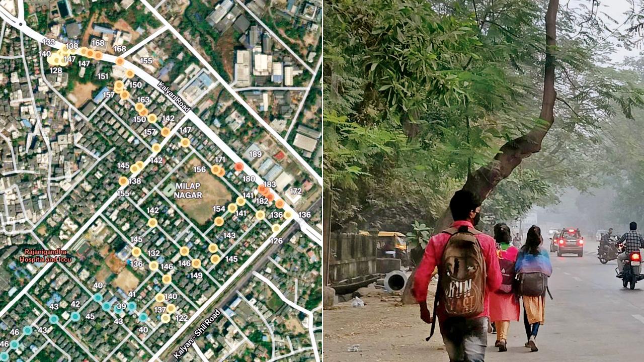 (Left) A mapped walk around Dombivli MIDC pinpoints neighbourhoods with good air quality in green, average air quality in yellow and worse air quality in red; (right) a picture taken during the walk in Mulund West. Pics Courtesy/Vedant Mhatre