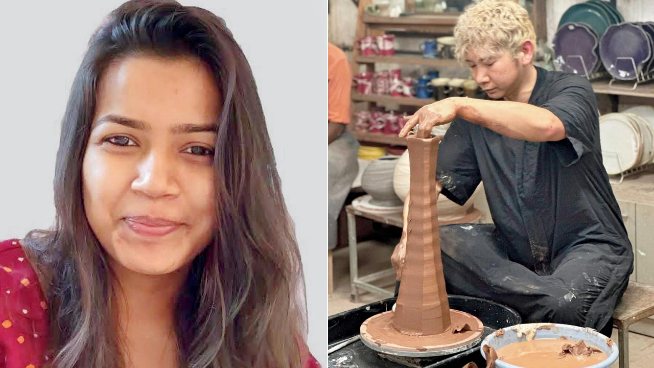 Binal Dharod; (right) Kazuya Ishida demonstrates his technique of moulding a pot at the workshop
