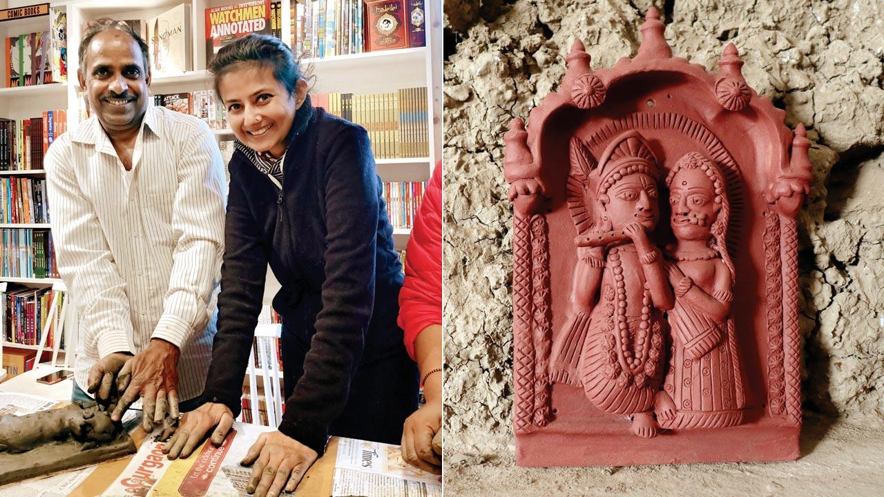Dinesh Kumhar (left) at a previous workshop; (right) a Molela terracotta work