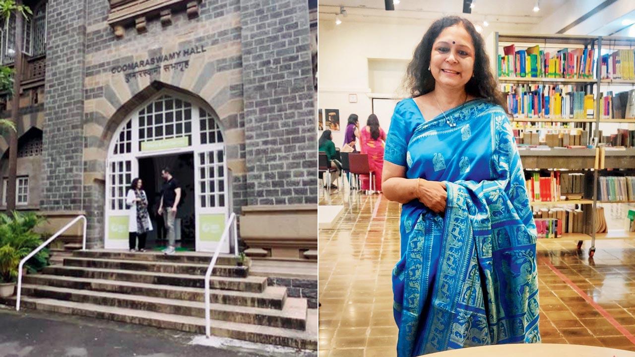The entrance of the library at CSMVS; (right) Jayashree Joshi