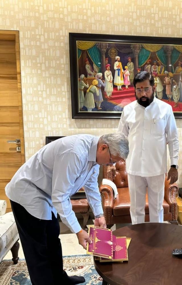 RSS leader Ajay Joshi and VHP`s Sanjay Dhavalikar met CM Eknath Shinde at his residence in Thane district of Maharashtra