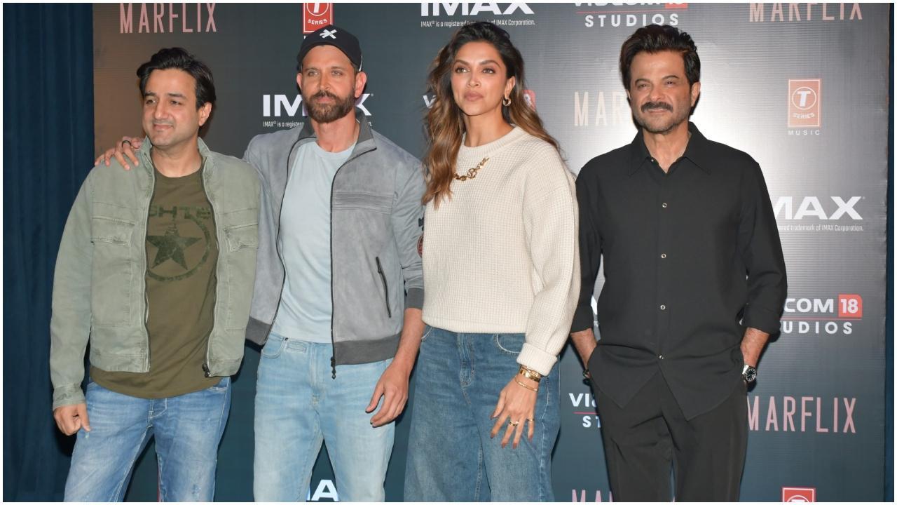 Fighter director Siddharth Anand with actors Hrithik Roshan, Deepika Padukone and Anil Kapoor (Photo: Yogen Shah)