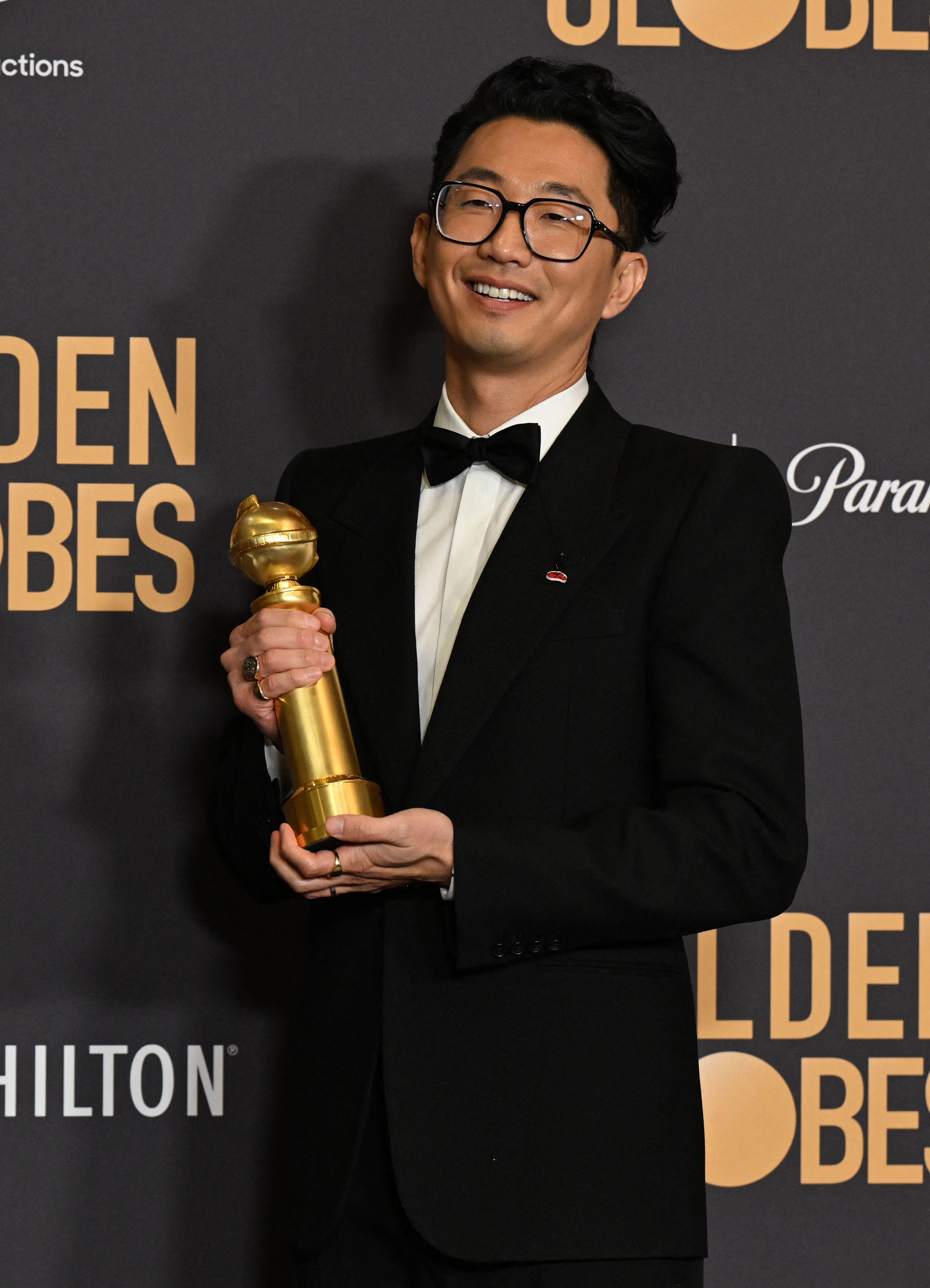 South Korean writer Lee Sung Jin poses with the award for Best Television Limited Series, Anthology Series or Motion Picture Made for Television 