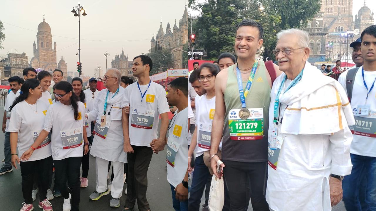 India's poet and lyricist Sampooran Singh Kalra famously known as Gulzar made his appearance at the TATA Mumbai Marathon. The poet clicked some photos with the other participants present for the event