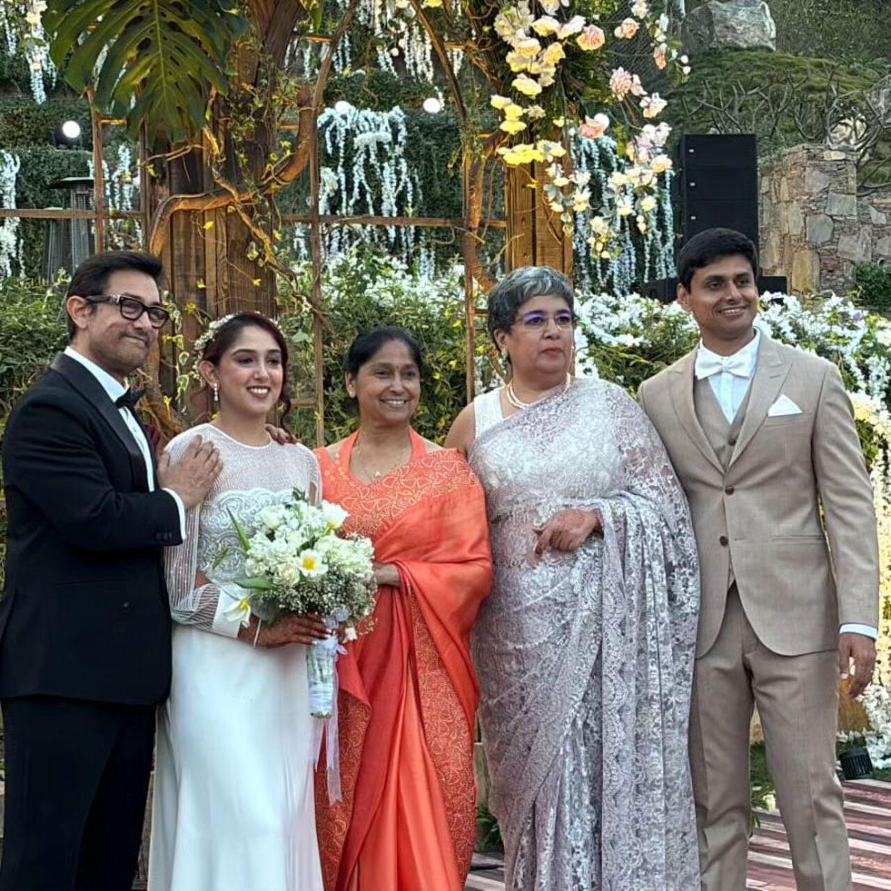 After their wedding, the parents came to bless the newlyweds. Ira's parents Reena Dutta and Aamir Khan along with Nupur's mother posed for a family picture after the ceremony