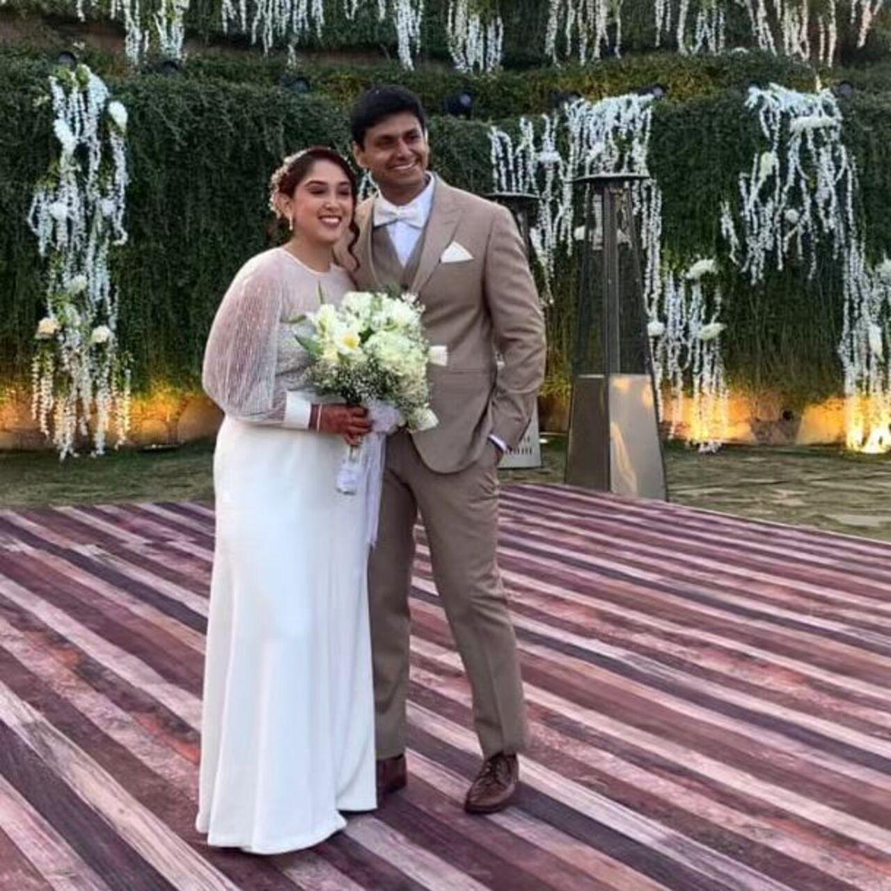 Ira looked beautiful as she opted for a white gown for her intimate wedding ceremony, while Nupur looked handsome in a beige suit