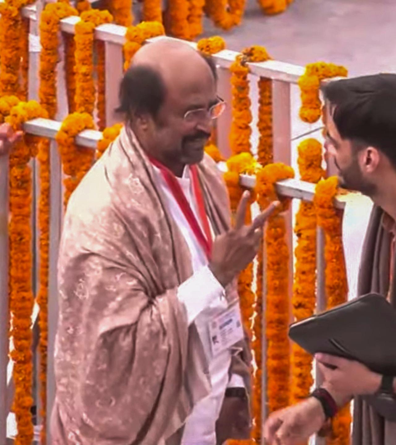 Megastar Rajinikanth was seen happily greeting everyone as he made his way to the temple for the grand ceremony. The actor who arrived on Sunday had also met Anupam Kher in Ayodhya