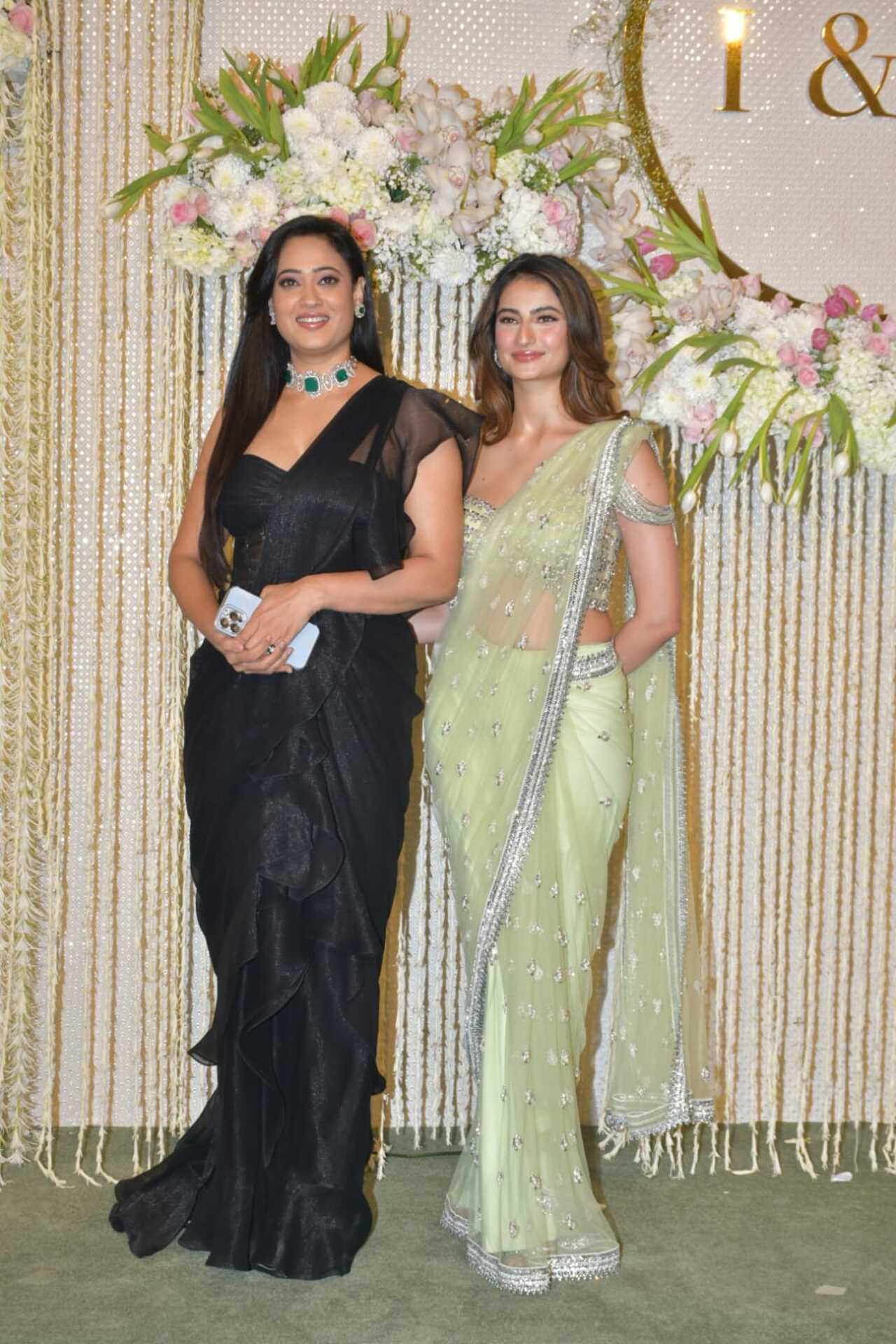 Mother-daughter duo Shweta Tiwari and Palak Tiwari dazzled in their saree look. While Shweta opted for a black saree with emerald necklace, Palak went for a pastel green sheer saree