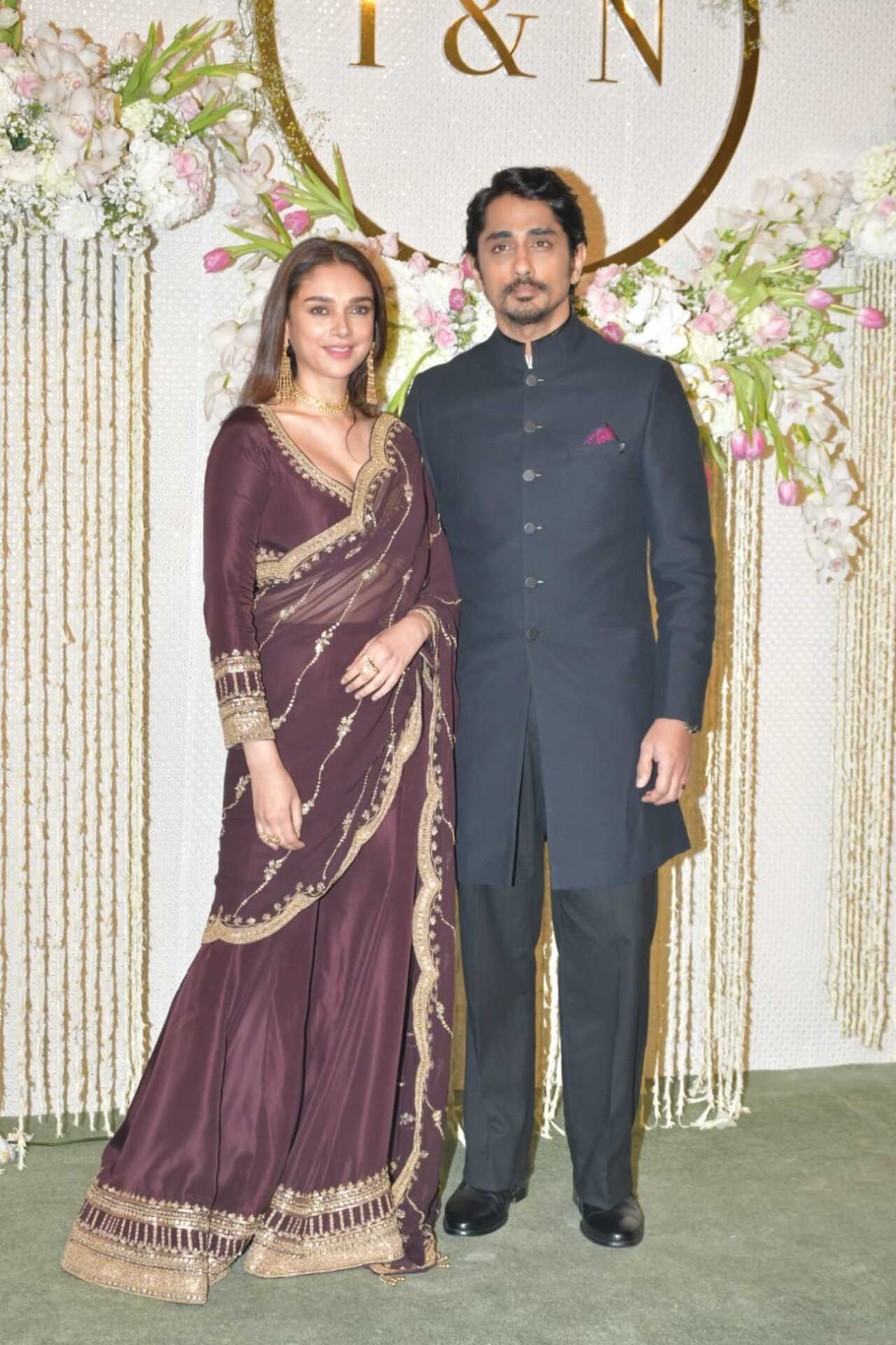 Aditi Rao Hydari never misses a beat when it comes to Indian traditional wear. She donned a magenta saree-styled lehenga for the night and looked gracious as ever. She was accompanied by her boyfriend and actor Siddharth