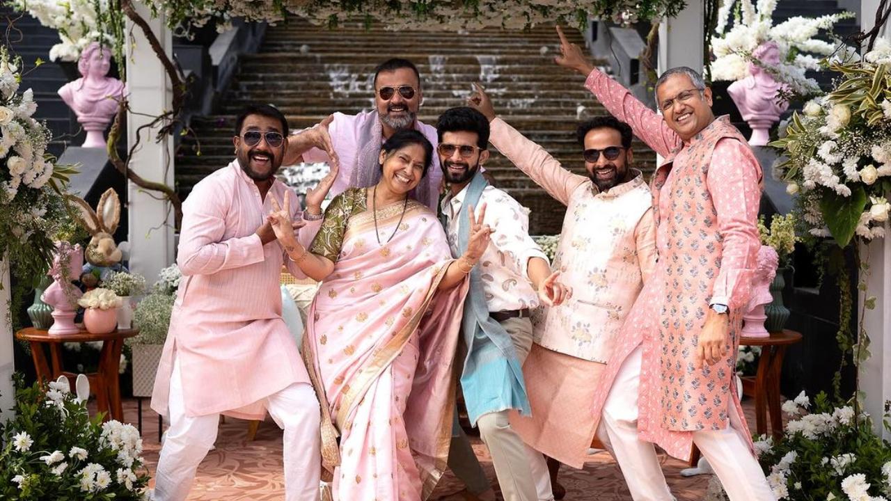 The groom's family was an enthusiastic bunch who were seen dancing and posing their heart out at the wedding festivities. Here they are seen posing at the gorgeous venue twinning in baby pink outfits (Pic/David Poznic)