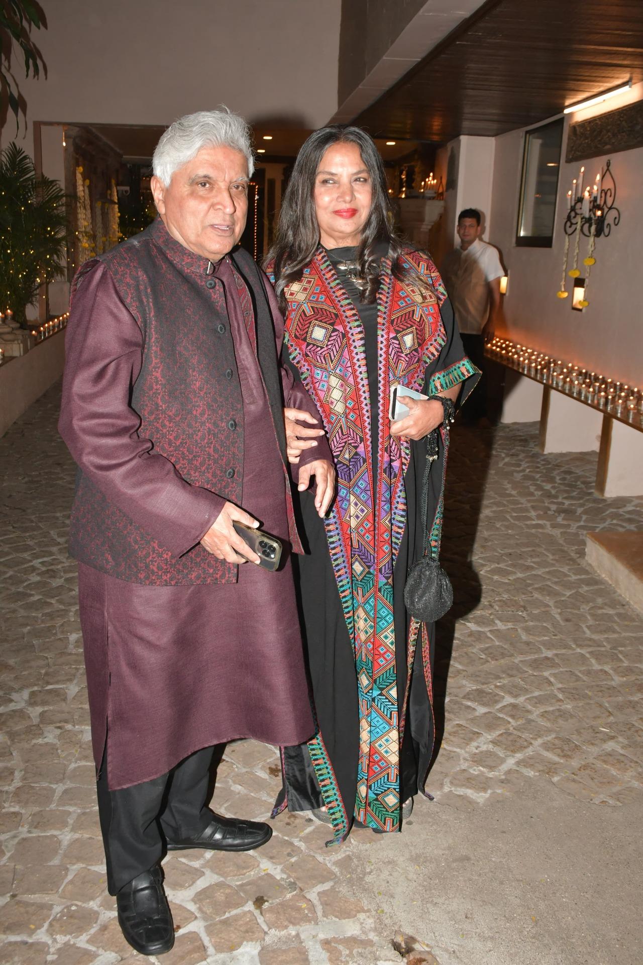 Javed Akhtar opted for a purple kurta and jacket for the party as he arrived with his wife and actress Shabana Azmi