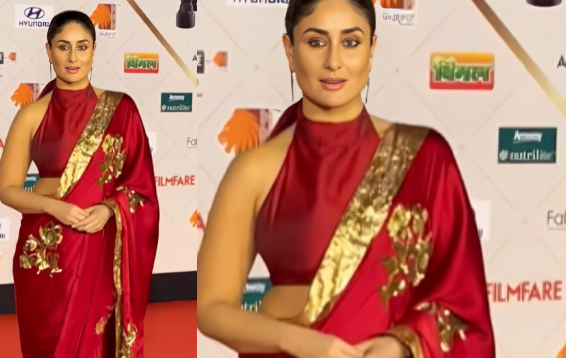 Kareena Kapoor Khan looked stunning in her outfit for the night. The actress opted for a red saree with gold accents, and the blouse had a halterneck cut, adding to her overall glam