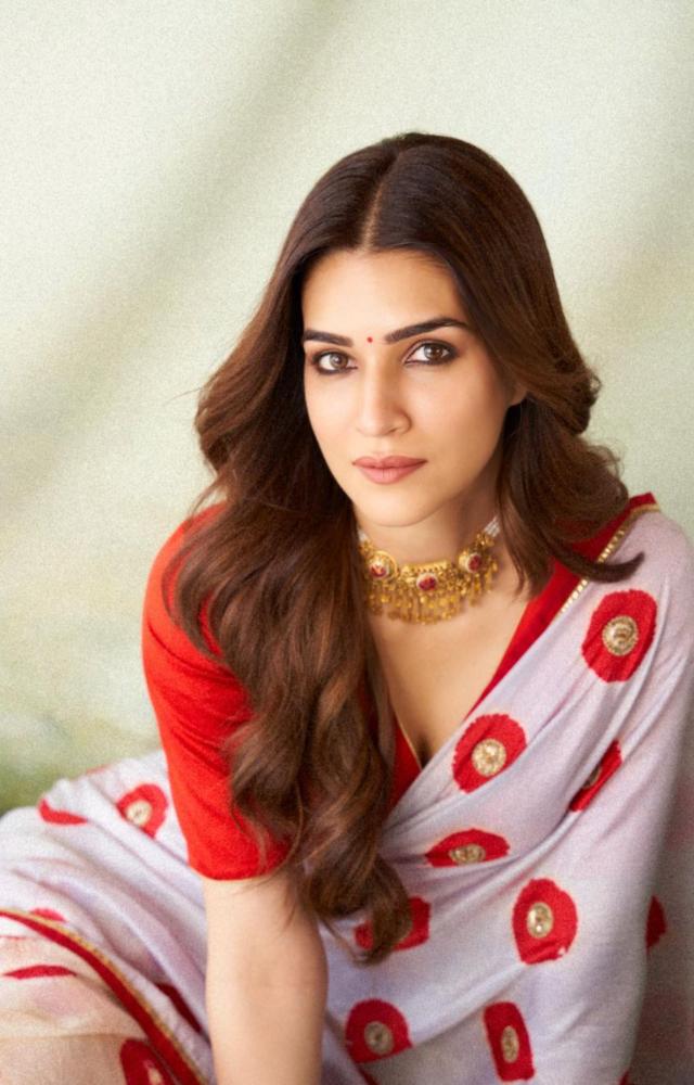 Kriti adorned a white saree which had red floral patterns, complemented by a corresponding red blouse. She paired the look with traditional gold accessories
