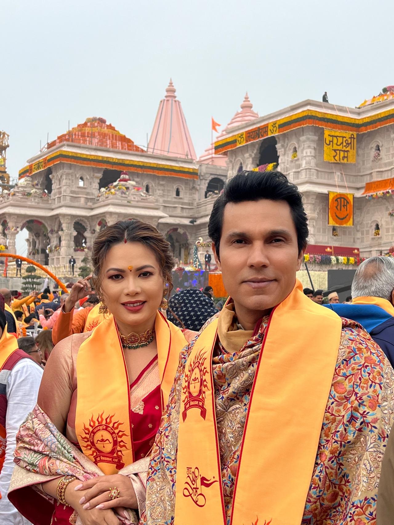 Newlyweds Randeep Hooda and Lin Laishram take a selfie at the newly inaugurated Ram mandir in Ayodhya