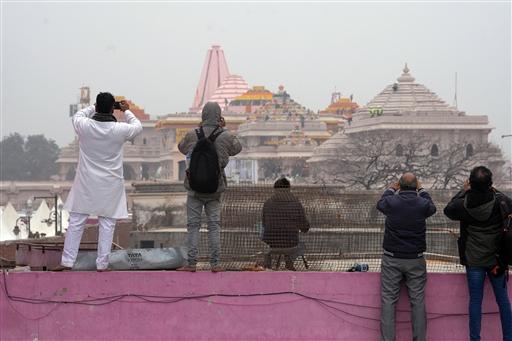 As the Pran Pratistha ceremony nears, devotees enthusiam is seen beyond bounds. People click pictures of the premises of Ram Mandir in Ayodhya on Saturday